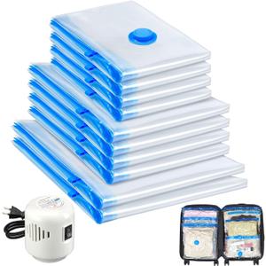 10 Pack Travel Vacuum Storage Bags With Electric Pump, Vacuum Seal Bags for Clothing, Vacuum Sealer Bags for Luggage, Travel Essentials (10 Set,Clear)