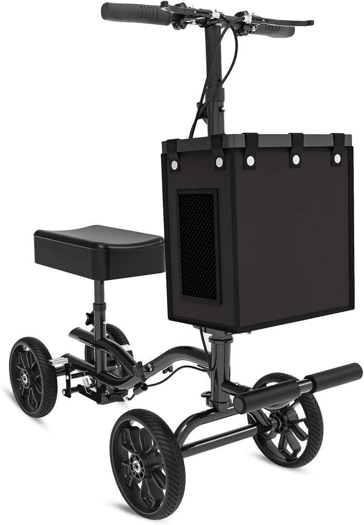 Lightweight Knee Scooter Crutch Alternative, Foldable & Adjustable Knee Scooter for Adults for Foot Surgery, Steerable Knee Walker with Detachable Storage Basket, Includes DIY Stickers-Black