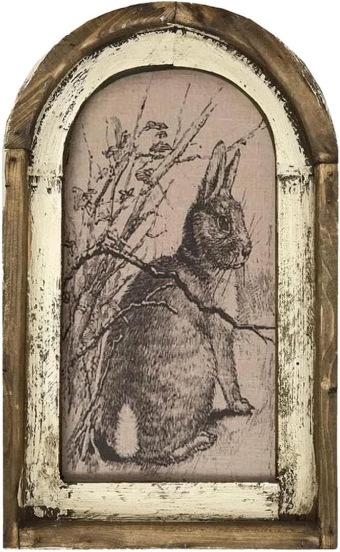 Smaroll Large Rustic Easter Decorations Rabbit Painting with Wooden Arched Frame Farmhouse Decoration Hanging Plaque Bunny Photo Sign Pediments,11 x 16.6 inch