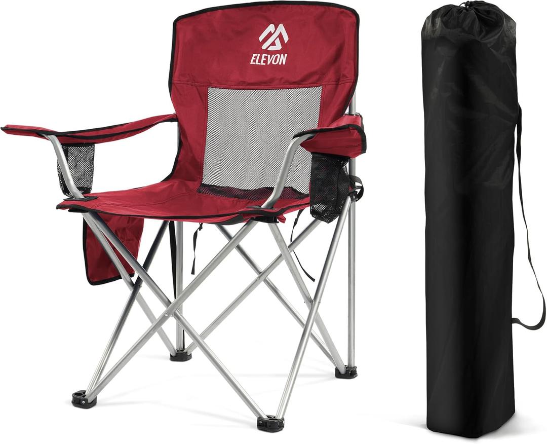 Elevon Camping Chair, Portable Folding Outdoor Chair with Arms, Cup Holder and Carry Bag