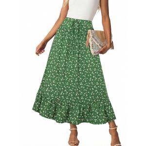BLENCOT Long Skirts for Women Boho High Waisted Skirt Spring Summer Floral Print Smocked A Line Maxi Skirt Green X-Large (Green, XL)