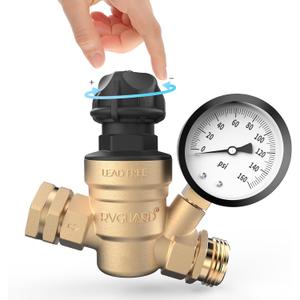 RVGUARD RV Water Pressure Regulator Valve With An Adjustable Knob, Tool-Free, Lead-Free Brass Water Pressure Reducer with Gauge and Inlet Screen Filter for RV Camper Travel Trailer