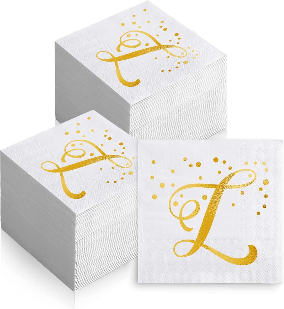 200 Pack Disposable Monogrammed Cocktail Napkins Gold Foil Letter L Paper Napkins Initial Beverage Napkin for Wedding Birthday Party Baby Shower Holiday Dinnerware Table Decor