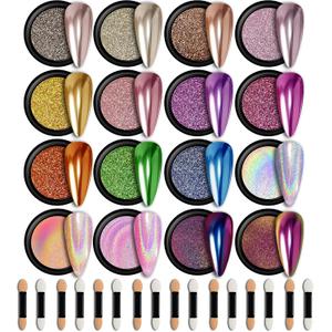 GELPARTY 16 Colors Chrome Nail Powder Set, Premium Mirror & Holographic Effect Pigment Metallic Gold, Silver, Chameleon, Aurora Nail Art Glitter Includes 16 Sponge Applicators for Gel Polish Design