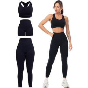 3 Piece Workout Sets for Women Butt Lifting Leggings with High Impact Sports Bra Gym Shorts (Black, M)