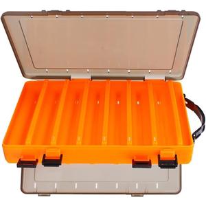 Double-Sided Fishing Lure Hook Tackle Box Visible Hard Plastic Clear Fishing Lure Bait Squid Jig Minnows Hooks Accessory Storage Case Container (Orange-14Slots)