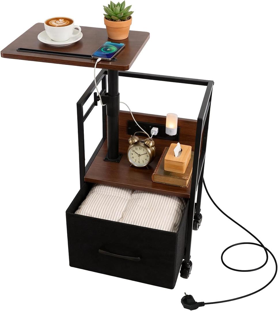 Modern Rolling Nightstand with Charging Station for Small Space, 360 Swivel Bedside Table with Height Adjustable, Bed Side Table with Drawer Storage for Bedroom - Walnut Look
