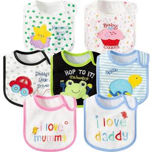 7 Pcs Cotton Waterproof Baby Bibs Hook Loop Closure Newborn Bib Keepsake Baby Gift for Drooling Feeding Eating