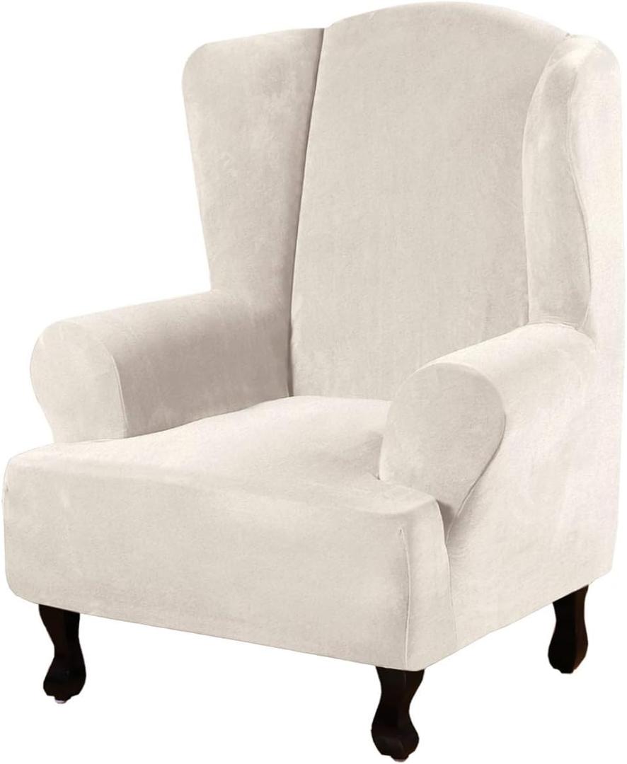 H.VERSAILTEX Wingback Chair Covers Velvet Plush Wing Chair Slipcover 1 Piece High Stretch Wing Back Chair Slipcovers Sofa Cover Furniture Cover With Elastic Bottom, Ivory