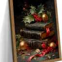 Framed Christmas Wall Art, Vintage Christmas Book Paintings, Retro Canvas Prints Decor, Rustic Winter Holiday Pictures Wall Decor for Bedroom Christmas Decoration Gifts  12x16in