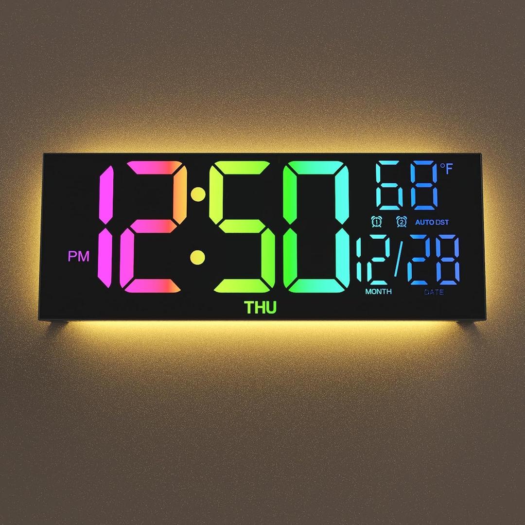 Digital Wall Clock Large Display, 13" Large Digital Wall Clock with RGB Color Remote Control, Automatic Brightness Dimmer Big Clock with Night Lights, Auto DST, Date Week,Perfect for Gift (Black)