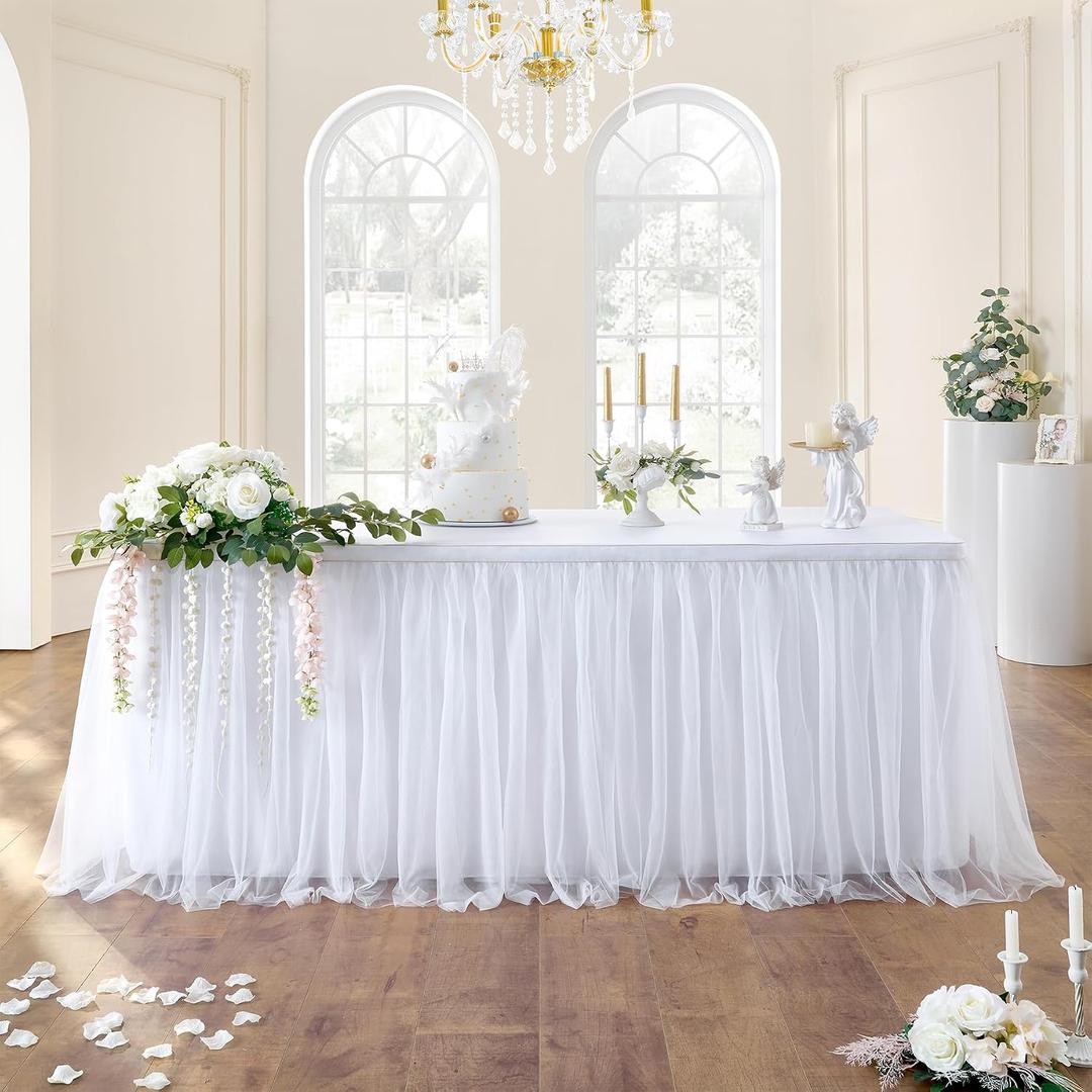 72in White Tulle Table Skirts for Rectangle Tables 6ft 4ft, 2-Layer Gold Grim Ruffle Tulle Tutu Cloth Table Skirt 6ft Long for Wedding Birthday Party Baby Shower Cake Dessert Tables(No Table Cover), 72" x 30"