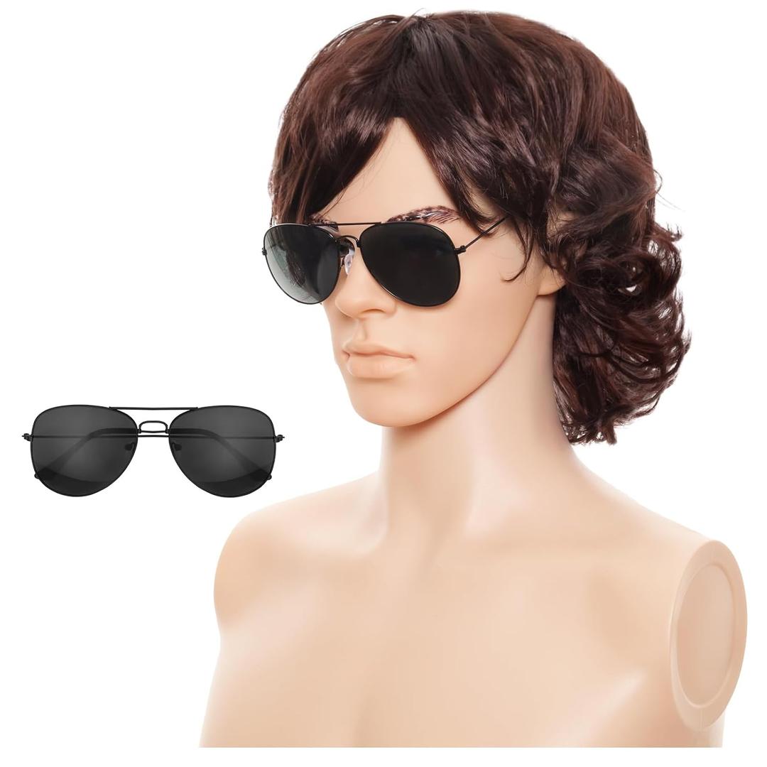 Gvhntk Mens Short/Long Curly Brown Wig 70s 80s Rocker Wig with Glasses Cosplay Costume Hair Halloween Costume Anime Wigs