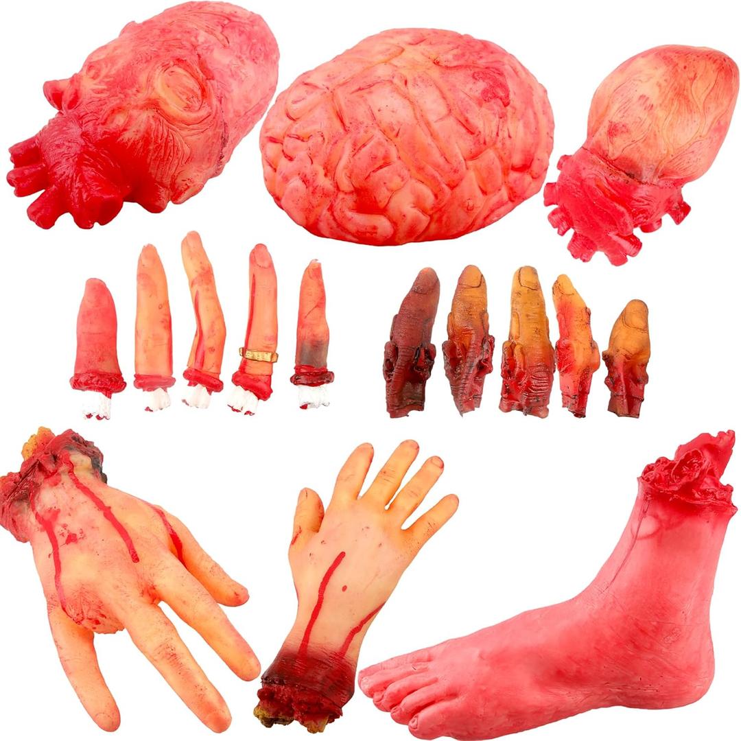 16 Pieces Halloween Body Parts Scary Plastic Fake Heart Brain Organs Severed Fingers Broken Hands Feet Prop for Outdoor Indoor Halloween Party Decorations Prank Prop