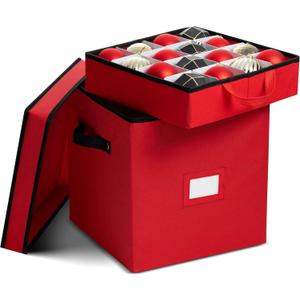 Zober Christmas Ornament Storage Box - Stores 64 Ornaments - Non-Woven, Tear- Proof Christmas Ornament Storage Containers - 3 Inch Cube Compartments - Red