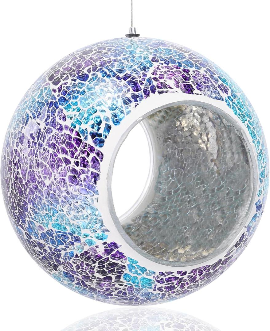 Yinns Bird Feeder - Glass Birds Feeder Outside Hanging, Mosaic Fly Through Birdfeeder with Oval Stained, Outdoor Garden Decor, 6.5 inch (Bule and Purple)