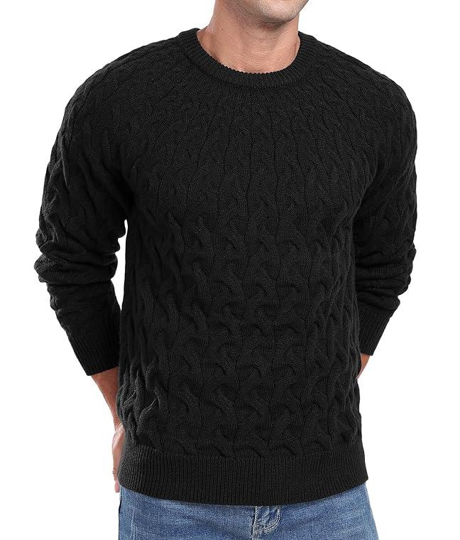 Askdeer Men's Cable Knit Pullover Sweater Long Sleeve Crew Neck Knit Sweater Soft Casual Sweaters with Ribbing Edge Black