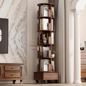 Solid Wood Rotating Bookshelf Tower on Wheels, 5-Tier Spinning Bookcase with Drawer, 72" Floor Standing Revolving Bookshelf, Rotating Bookcase for Small Space, Walnut, 18.87 inches x 18.87 inches x 72.84 inches