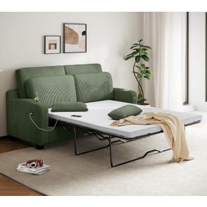 LINSY HOME Pull Out Sofa Bed - Convertible Loveseat Sleeper Sofa, Upgraded Bed Frame Pullout Couch - USB Charging & Cup Holders, Corduroy Sofa Bed for Living Room Small Space, Queen Size (Green)