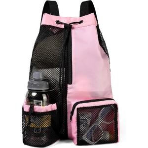 BeeGreen Mesh Bags for Swimming Gym Pool Sports Beach Drawstring Backpack for Men Women Swimmers Workout Gear Cinch Bag Wrestling Pink