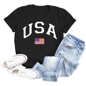 Women Distressed American Flag Graphic Shirt USA Stars Stripes Patriotic Short Sleeve Top (X-Large, B-#2 Black)