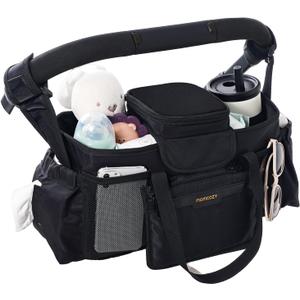 Momcozy Extra Large Stroller Organizer Max | with Food Grade Pacifier Teether Bag | 2 Insulated Cup Holder | Silicone Anti-Slip Straps | 3-Way Usage | Detachable Small Pouch | for UPPAbaby/Doona
