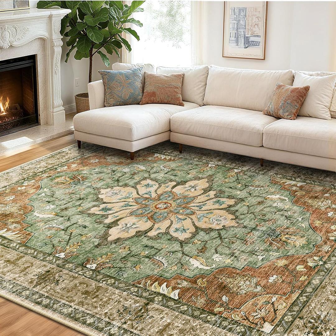 Vacuum-Friendly Area Rugs 8'x10' Machine Washable, Non-Slip, Floral Vintage Distress Print Pattern Medallion Carpet for Living Room Bedroom Brick Red Rust Neutral Brown Burnt Orange Green