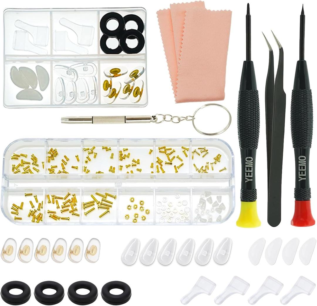 Eyeglass Repair Kit - YEEMO Glasses Repair Kit with Screws (Gold), Eyeglass Nose Pads, Precision Glasses Screwdriver Set: High Compatibility for Eyeglasses, Sunglasses, and Watch Repair
