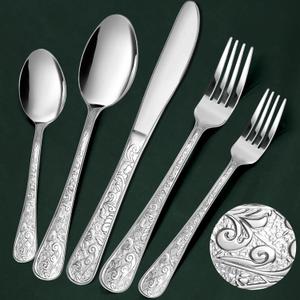 Meythway 40-Piece Vintage Carved Silverware Set for 8, Stainless Steel Flatware Set with Knife/Fork/Spoon, Cutlery Set for Home and Kitchen, Utensil Set with Dishwasher Safe Meythway 40-Piece Vintage Carved Silverware Set for 8, Stainless Steel Flatware Set with Knife/Fork/Spoon, Cutlery Set for Home and Kitchen, Utensil Set with Dishwasher Safe