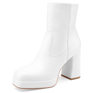 Oh Mispares Women's Platform High Chunky Heeled Ankle Boots Cozy Leather Gogo Boots Square Toe Side Zipper Booties 8