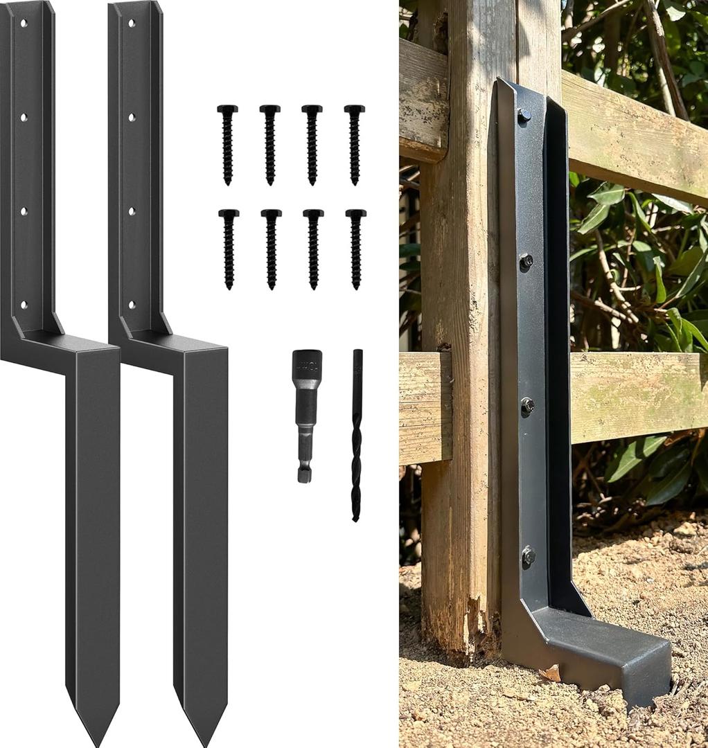 Fence Post Repair Kit - Quick Fix Broken/Leaning 4x4/6x6 Wood Posts Support with One-Piece Steel Anchor & Stakes (Thickened 11-Gauge, 2-Pack)