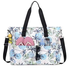 PIG PIG GIRL Beach Bags for Women, Waterproof Sandproof Swim Pool Bag with with Dry Wet Seperated Pocket Lightweight Tote Bag for Girls with Utility Slots Travel Overnight Bag, White Coconut Palm