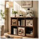 Solid Wood Walnut 6 Cube Storage Organizer Shelf with 3 Bins,Low Bookcase, Size: 35.5″(L) x11.8″(W) x29.6″(H)