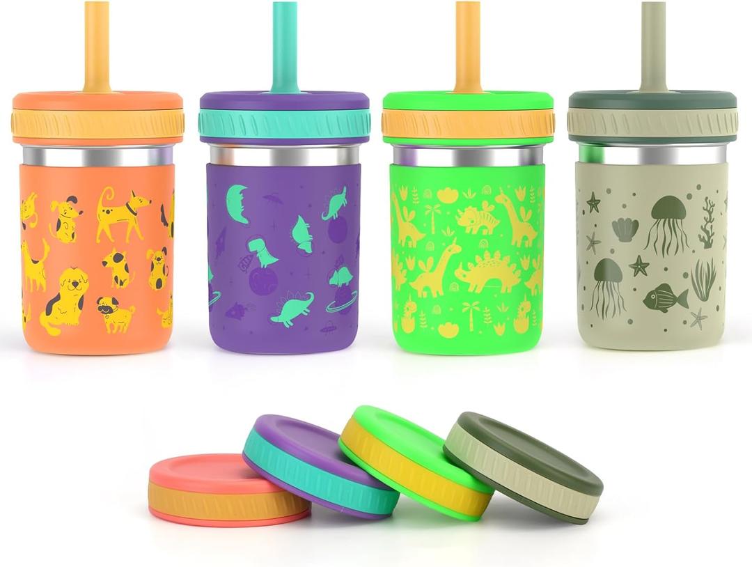 Sursip 10 oz Stainless Steel Kids Cups with Silicone Sleeves & Straws | Spill-Proof Sippy Cup for Drinks & Snacks, Smoothie Cups for Toddlers, BPA-Free, Dishwasher Safe (4 Pack-Dog/Cosmic Dino/Jungle Dino/Ocean Realm)