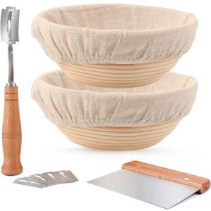 Proofing Baskets for Sourdough Bread Making, Dough Proofing Bowls Kit with Cloth Liner + Scoring Lame + Scraper for Professional & Home Sourdough Bakers (Round,8.5 inch,Set of 2)