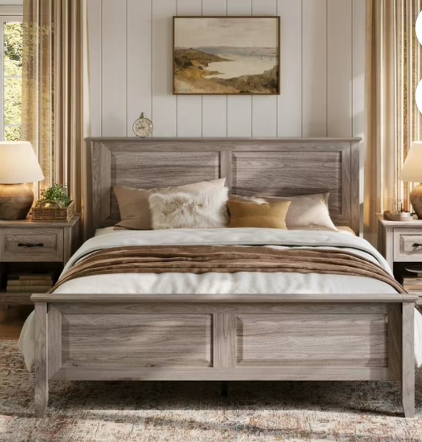 LINSY Farmhouse Bed Frame, Full Bedframe with Headboard and Footboard, Wooden Bed Frame with Solid Wood Slats, Rustic Grey Platform Bed Frames Full Size, No Box Spring Needed