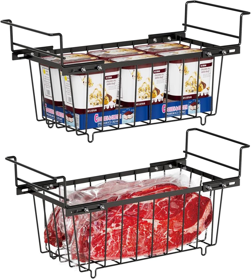 iSPECLE Freezer Organizer Bins - Fit 7 Cu.Ft Chest Freezer, Expand from 15.8" to 18.1" (L) Deep Freezer Organizer Bins, 2 Pack Small Hanging Freezer Baskets for Chest Freezer, Black