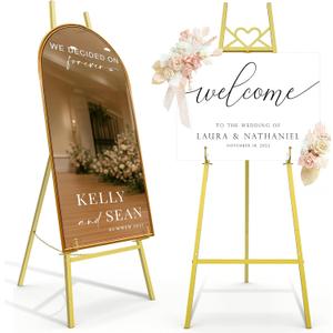 55" Gold Easel Stand for Sign, Heavy Duty Display Easel with Adjustable Chain, Heart-Shaped Envelope Design Art Easel for Paintings, Wedding Sign, Posters, Mirrors, Artwork Etc