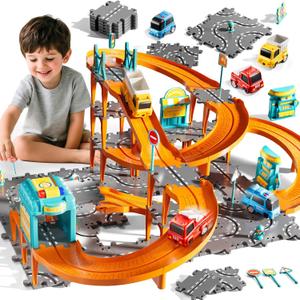 Puzzle Racer Kids Car Track Set, 4-Tier Race Tracks for Kids Ages 3-5 with 3 Cars, Traffic Parts, Trucks for Toddlers 2-4 Years, Floor Puzzle Tracks Car Gift for Boys Girls 3 4 5 Year Old