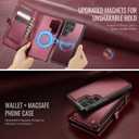 Defencase for Samsung Galaxy S22 Ultra Magnetic Wallet Case Compatible with Magsafe with RFID Blocking Zipper & Card Holder Women, PU Leather Detachable Phone Case for Galaxy S22 Ultra 6.8", Wine Red