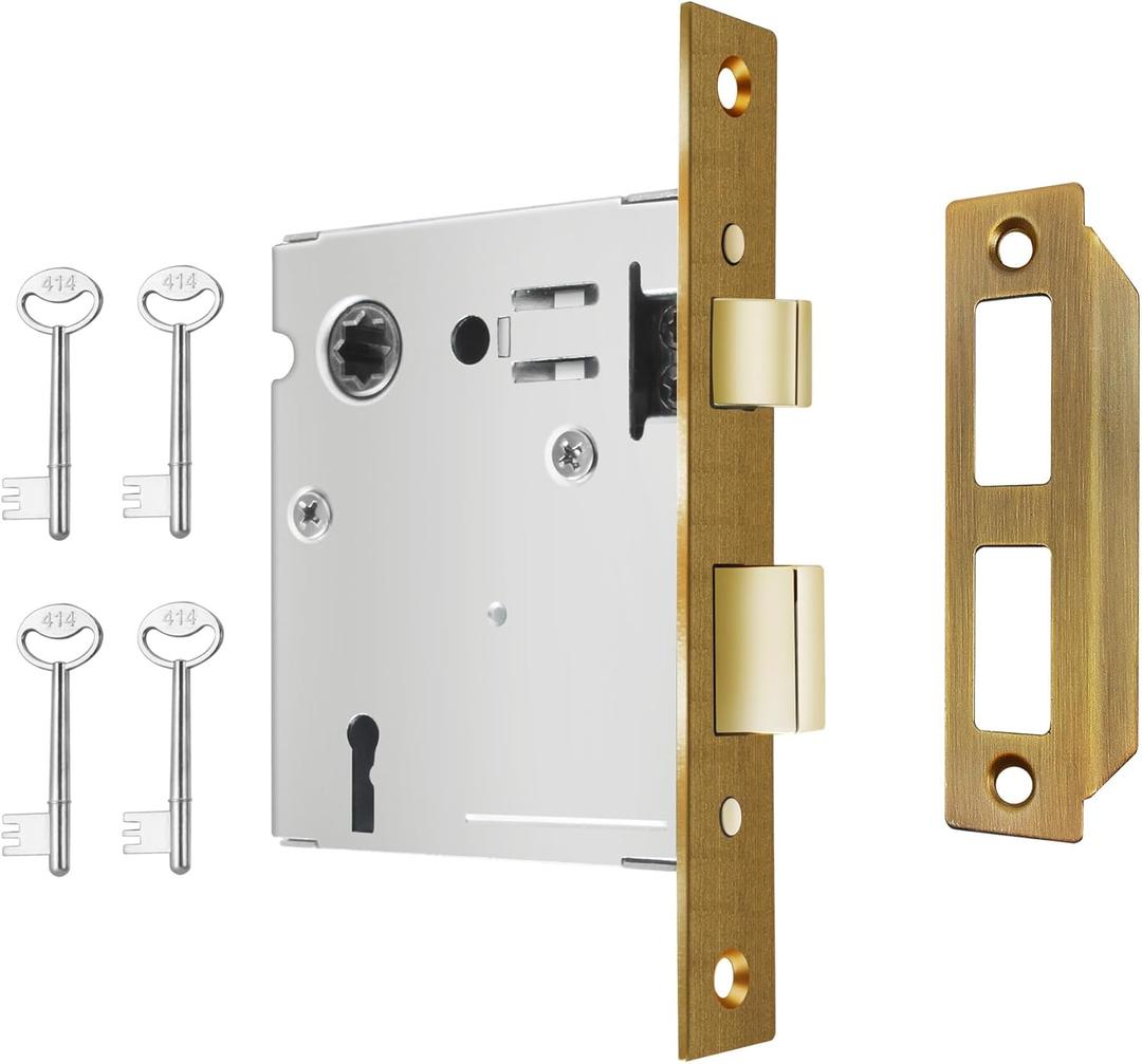Mortise Lock Set Interior Door, Old Door Lock Replacement Parts, Antique Vintage Door Lock Hardware, Skeleton Keys and Reversible Latch, Mortise Lock Kit, Antique Brass Finish (1 Pack)