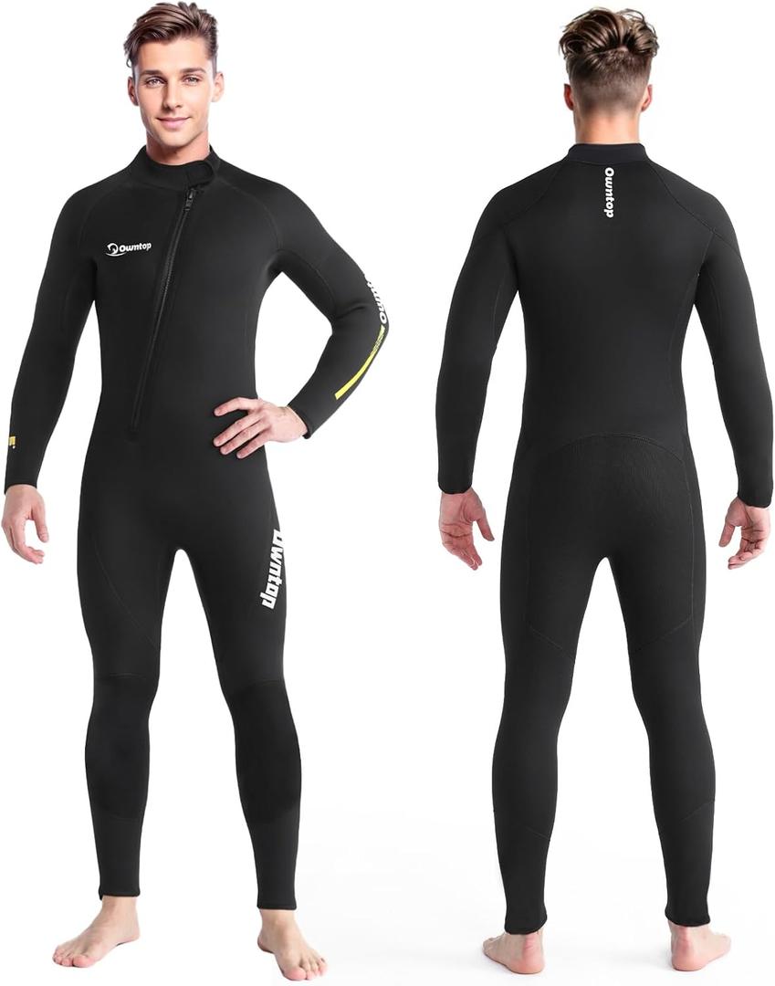 Owntop Wetsuit 5mm Neoprene Diving Suit - Mens Womens Thicken Full Wet Suit, Front Zip Long Sleeve UPF50+ Keep Warm Swimwear for Scuba Surfing Swimming Diving Snorkeling Water Sports (Medium, Men-Black-New)