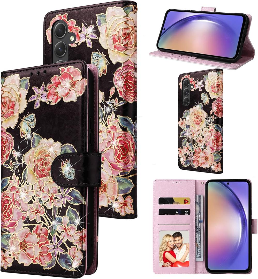 UEEBAI Wallet Case for Samsung Galaxy S25 Plus 5G, Leather Phone Wallet Kickstand RFID Blocking Flip Case Card Slots Wrist Strap Relief Engraved Pattern Magnetic Closure Flower Cover, Black Rose