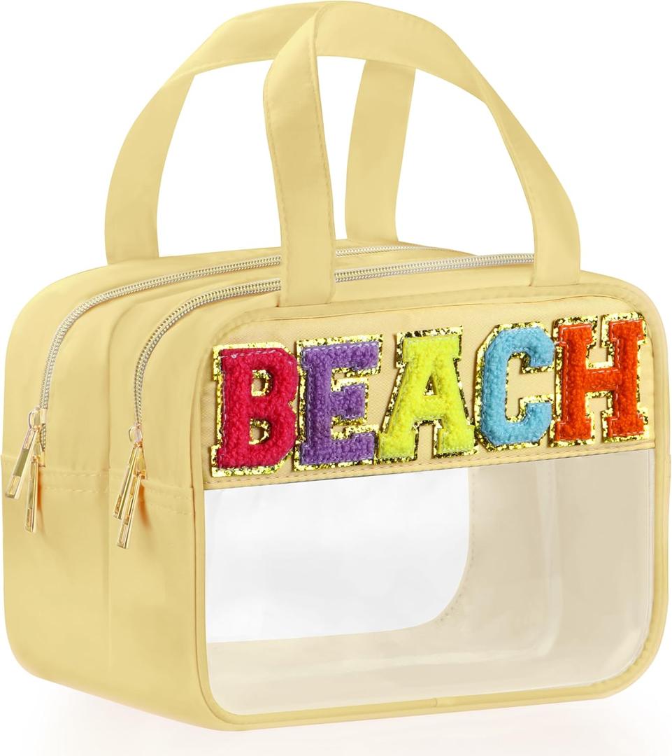 Chenille Letter Travel Makeup Bag, Preppy Patch Nylon Clear Cosmetic Tote with Handle and Zipper, Waterproof Large Snack & Stuff Bag Toiletry Storage Pouch for Women Girls (Beige-Beach) Chenille Letter Travel Makeup Bag, Preppy Patch Nylon Clear Cosmetic Tote with Handle and Zipper, Waterproof Large Snack & Stuff Bag Toiletry Storage Pouch for Women Girls (Beige-Beach)