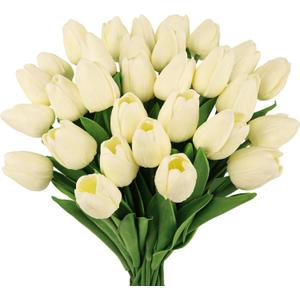 MACTING 30 PCS Artificial Tulip Flowers 13.7" Real Touch Fake PU Tulips Bouquet Faux Flowers for Floral Arrangements Table Centerpieces Kitchen Home Mothers Day Spring Easter Decorations(Cream)