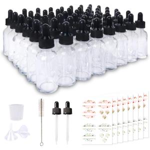 48 Pack 1oz Clear Glass Bottles with Glass Eye Droppers for Essential Oils, Perfumes & Lab Chemicals (Brush, Funnels, 2 Extra Droppers, 54 Pieces Labels & 30ml Measuring Cup Included)