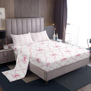Erosebridal Pink Bowknot Bed Sheets Set Queen Bow Knot Sheet Set for Kids Girls Butterfly Knot Bow Tie Sheets Aesthetic Coquette Bedroom Decor Geometric Cartoon Flat Fitted Sheet
