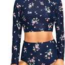 Pinup Fashion Long Sleeve Rash Guard - 2 Piece Swimsuit Bathing Suits with Bottom Swim Top UV UPF (Large)