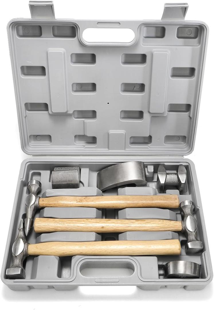 Hiceeden 7 Pcs Heavy Duty Auto Body Repair Kit with Wooden Handles, Auto Body Repair Tools with Hammer Heads and Dolly, Dent Removal Tools Set with Portable Storage Case for Auto Car