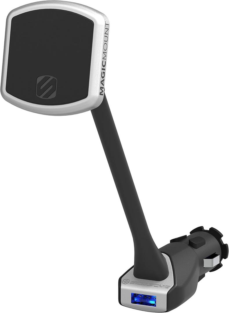 Scosche MP12V MagicMount Pro Magnetic Phone/GPS Car Mount 12W USB-A Power Outlet Cell Phone Charger, Cigarette Lighter Phone Holder, Compatible with Apple iPhone & More, Black/Silver